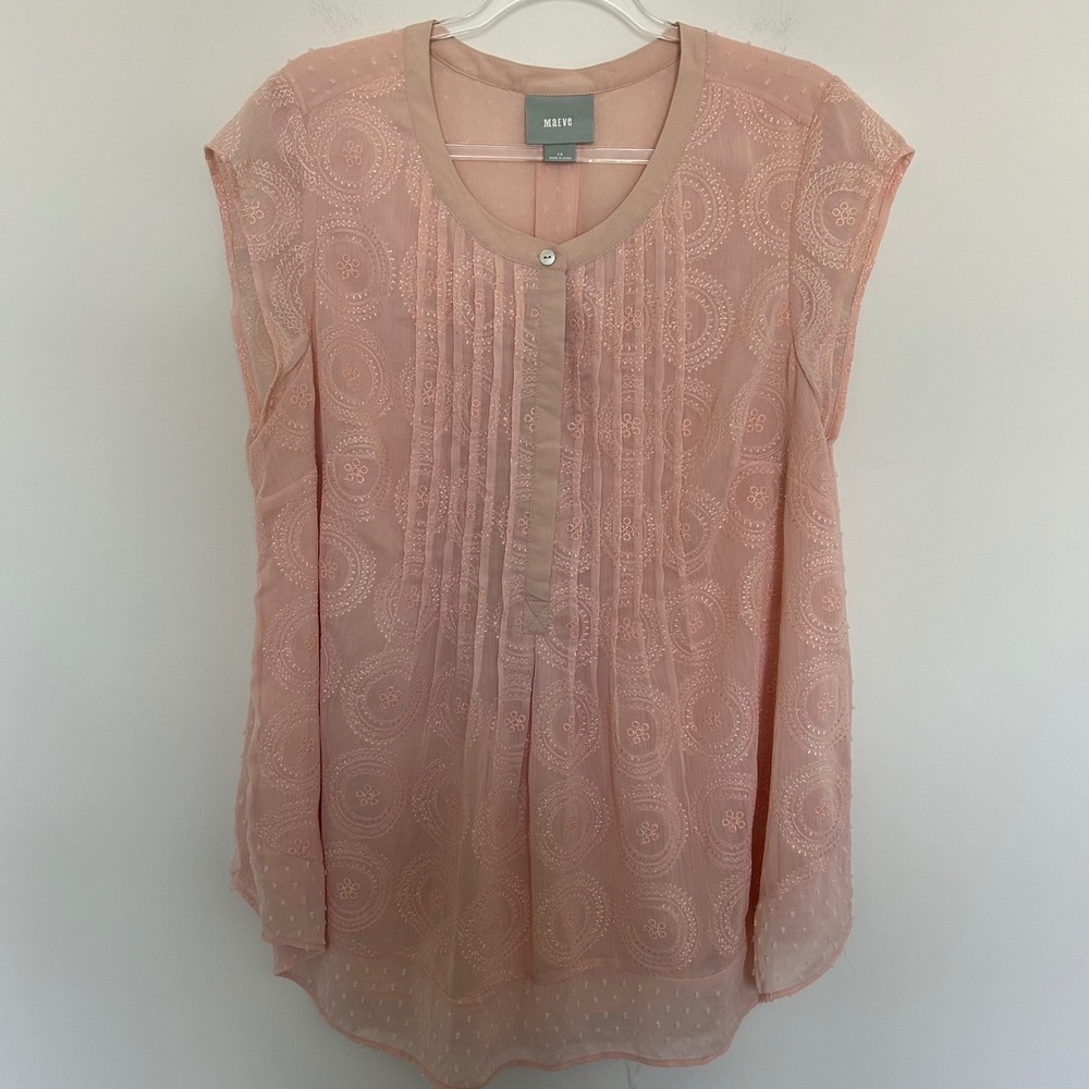 Maeve Blouse Peach Pink 1X Swiss Dot Pintuck Cap Sleeve Anthropologie